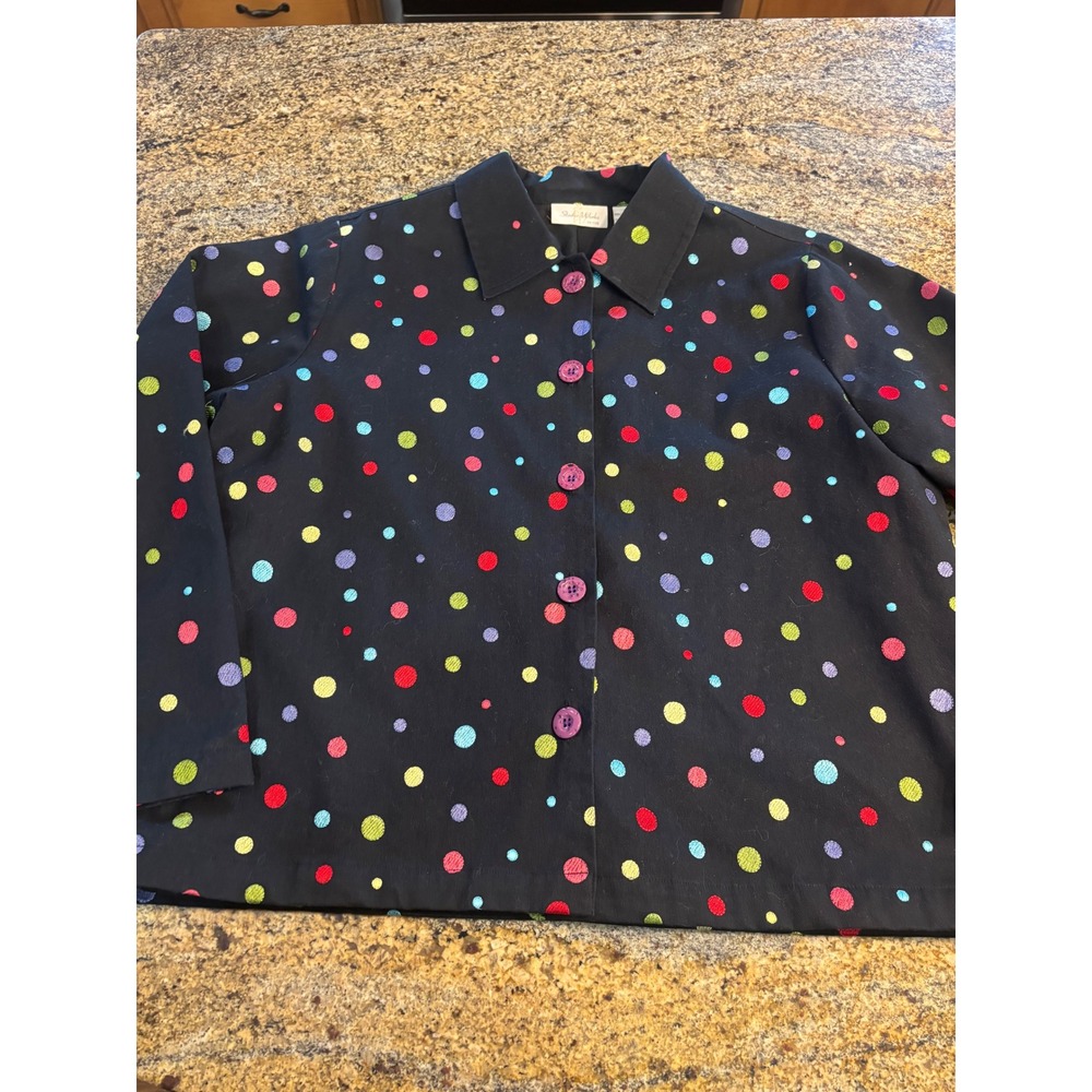 Vtg Studio Works Petite Black Colorful Polka Dot Embroidered Button Up Top PL